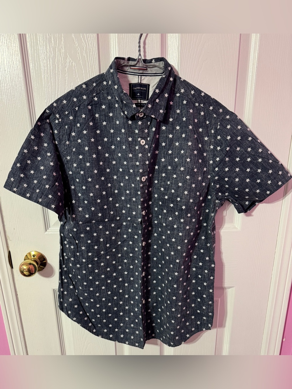 Crewman Men's Navy Short-Sleeve Button-Up Shirt with White Star Print